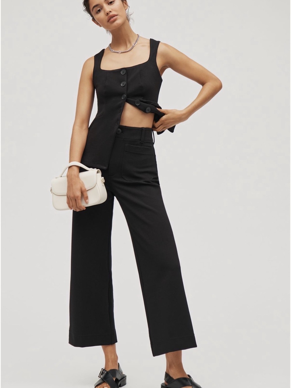 Maeve Colette Knit High-Rise Wide-Leg Cropped Pant in Black Onyx
